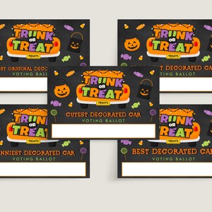 Trunk of Treat wedstrijd stembiljet sjabloon, bewerkbare auto versieren stemkaarten, Halloween wedstrijd toegangskaart, Trunk of Treat printables