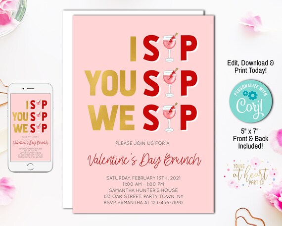 Valentines Day Brunch Invitation, Galentines Day Party Invite, Wine Party Invite, Ladies Night Party, Editable Invitation, Corjl Template Il_570xn