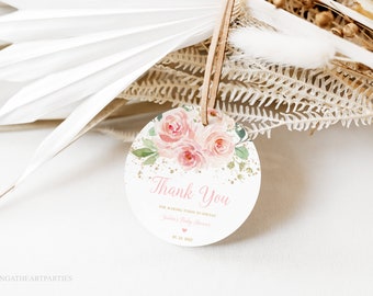 Blush Pink Floral Baby Shower Round Favor Tag Template, Editable Blush Pink Roses Circle Thank You Tag, It's a Girl Baby Shower Favor Tag