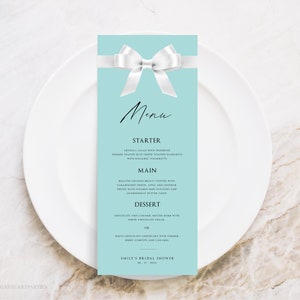 Modèle de carte de menu Bride and Co., petit-déjeuner à thème modifiable sous la douche, noeud en satin blanc avec bleu aqua, carte de menu de douche nuptiale, BTD