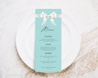 Bride and Co. Menu Card Template, Editable Breakfast at Shower Theme Menu, White Satin Bow with Aqua Blue, Bridal Shower Menu Card, BTD