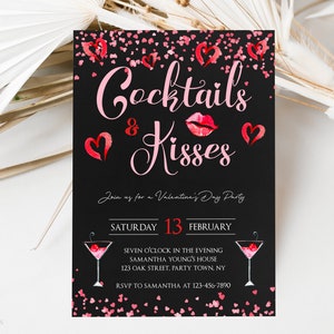 Valentines Day Party Invitation, Cocktails and Kisses Invitation, Cocktail Party Invitation, Heart Invitation, Editable Template, Corjl