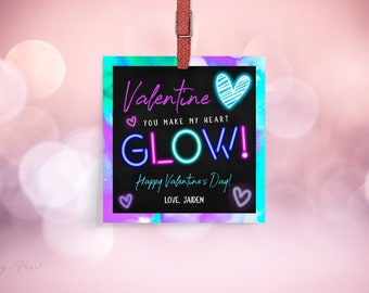 Editable Neon You Make My Heart Glow Valentine Glow Stick Gift Tag Neon Glow Valentine Gift Tag Classroom Valentine Tag Instant Download