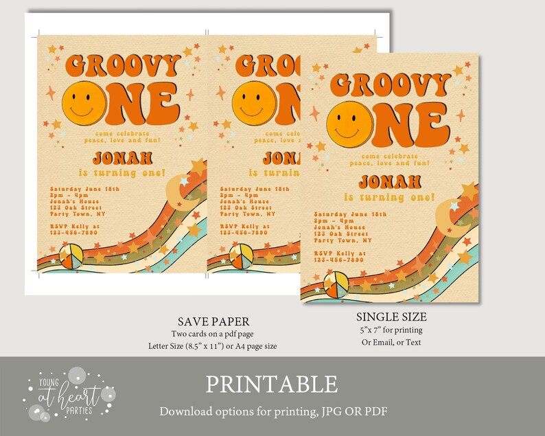 Groovy One Boys Birthday Party Invitation Template, Peace Love Party, Orange Retro Groovy Party, Hippie 70s 1st Birthday Party Invite image 7