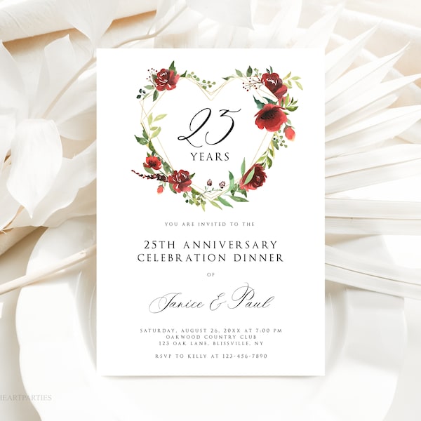 Floral 25th Wedding Anniversary Invitation, Anniversary Dinner Invite Template, Elegant Anniversary Reception, Digital Invitation Template