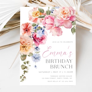 Brunch d'anniversaire fleurs printemps et été, modèle d'invitation modifiable pour le brunch d'anniversaire, dîner de fête d'anniversaire floral coloré