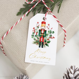 Etiqueta de presente de Natal tradicional editável quebra-nozes, modelo de etiqueta quebra-nozes, etiqueta de agradecimento quebra-nozes de feriado, download instantâneo, NCP
