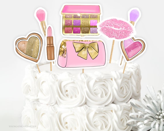 Printable Spa Makeup Party Cake Topper Centerpieces, Glitz and Glam 