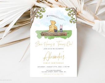 Winnie The Pooh Birthday Invitation Template, Editable Classic Winnie The Pooh 1st Birthday Invite , Girl or Boy Birthday Invite, WTPB#001