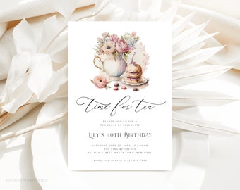 Time for Tea Party Invitation Template, Ladies Birthday Party Invite, Vintage Tea Party Invitation, Editable DIY Invitation Template