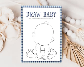 Navy Blue Baby Q Draw Baby Game Template, BBQ Draw Baby Game Card, Editable Baby Boy Game, Printable Baby Shower Game, Backyard Baby Shower