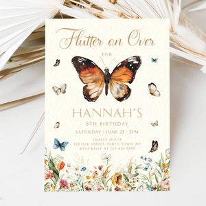 Boho Butterfly Birthday Invitation Template, Wildflower Birthday Invitation, Meadow Flowers Invitation, Editable Invitation Template, Corjl