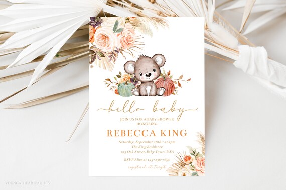 EDITABLE Boho Pumpkin Baby Shower Invitation Boho Teddy Bear Baby Shower Invite Boho Pampas Grass Brown Teddy Bear Shower Instant Download Il_570xn