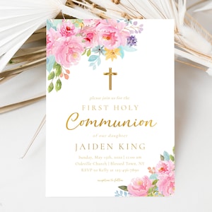 First Communion Invitation For Girl Template, Baby Girl Baptism Invite, Floral Communion Invitation, Christening Invite, Editable Template