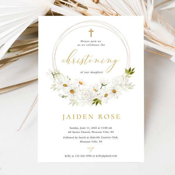 Daisy Christening Invitation Template, Editable Christening Invite, Yellow White Flowers, Girl Baptism Invitation, Printable Baptism, Corjl
