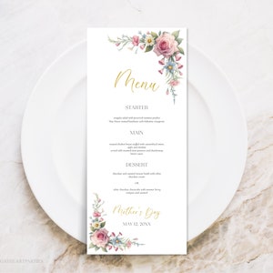 Pretty Floral Mother's Day Menu, Moms Day Brunch Menu Template, Floral Brunch Dinner Menu, Mother's Day Celebration Menu Card, Corjl