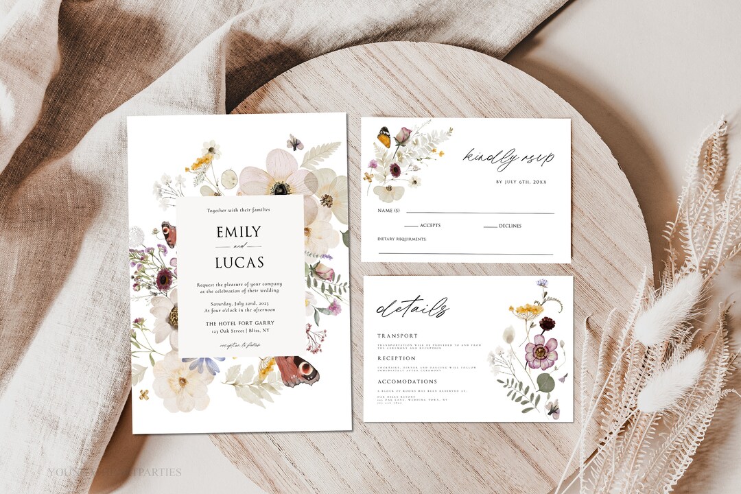 Boho Dried Flowers Wedding Invitation Suite, Pressed Wildflowers Wedding Invitation, Printable