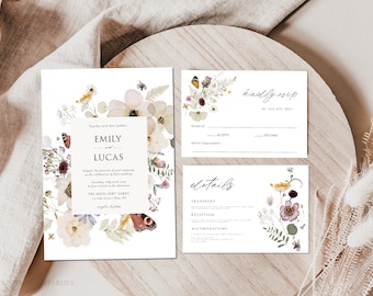 Boho Dried Flowers Wedding Invitation Suite, Pressed Wildflowers Wedding Invitation, Printable Wedding Invitation, Instant Download, DFWF