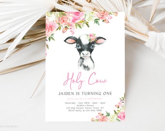 Cow Birthday Invitation for a Girl Template, Holy Cow I'm One Birthday Party Invite, Pink Floral Cow Birthday Party, Cow 1st Birthday Girl