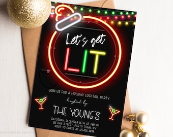 Editable Let's Get Lit Invitation, Holiday Cocktail Party Invitation, Funny Christmas Party Invitation, Neon Christmas Lights, Digital File