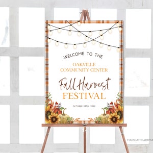 Bearbeitbares Herbst-Erntefest Willkommensschild, Herbst-Willkommensplakat-Vorlage, Herbst-Firmenfeier, Herbst-Kirchenfeier, Herbst-Block-Party