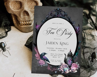 Halloween Tea Party Invite Template, Gothic Tea Party Invitation, Gothic Floral Brunch Invitation, Witch Tea Party Template, Grey and Pink