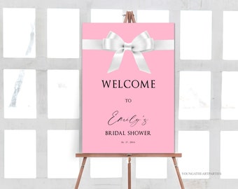 White Bow with Pink Welcome Sign, Bride & Co. Welcome Poster, Breakfast Theme Shower, Audrey Hepburn, Editable Template, BTD