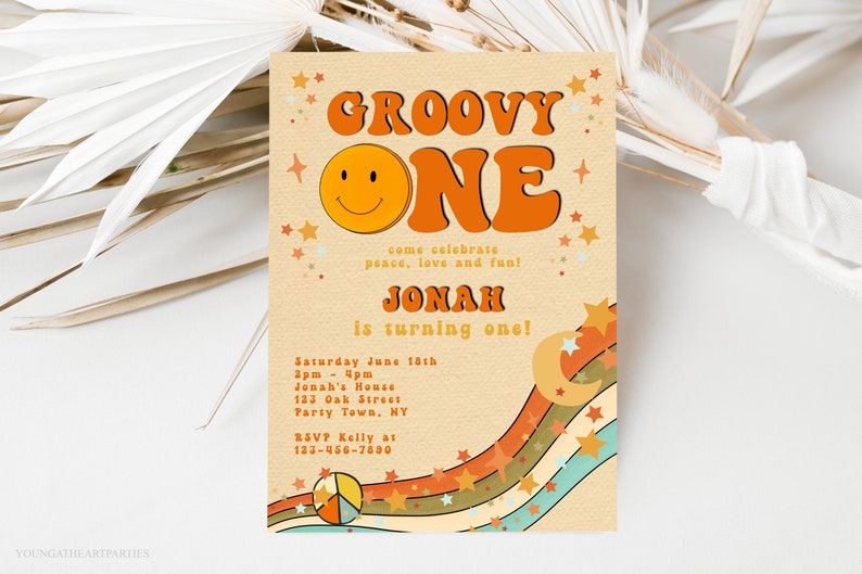 Groovy One Boys Birthday Party Invitation Template, Peace Love Party, Orange Retro Groovy Party, Hippie 70s 1st Birthday Party Invite image 1