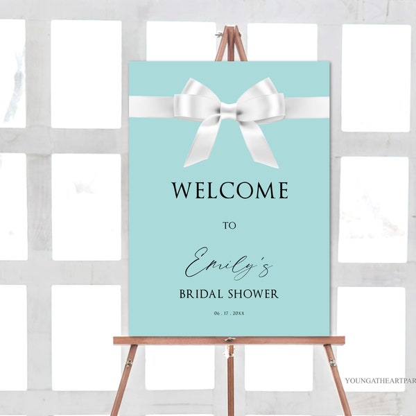 White Bow with Paris Blue Welcome Sign, Bride & Co. Welcome Poster, Breakfast Theme Shower, Audrey Hepburn, Editable Template, BTD