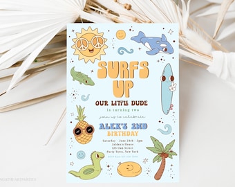 Groovy Surf's Up Birthday Invitation Template, Retro 70's Boys Beach Birthday Invite, Instant Download for Any Age Boy Birthday Invite