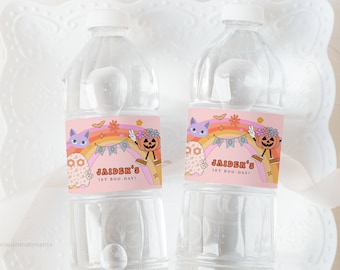 Groovy Pink Spooky Water Bottle Labels, Editable Spooky Birthday Water Bottle Wraps, Retro Groovy, Rainbow Ghost Birthday, Hippie Party