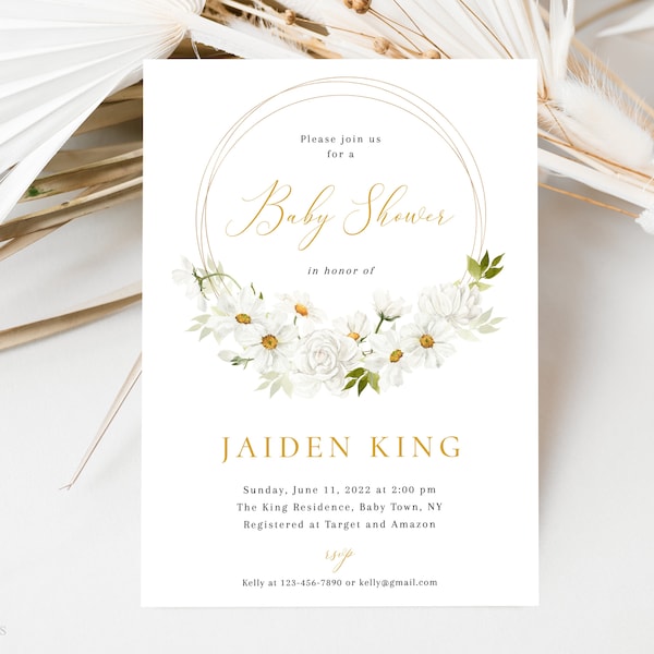 Pretty Daisy Baby Shower Invitation Template, Editable Baby Shower Invite, Baby Girl Shower, Yellow White Flowers, Printable Invitation