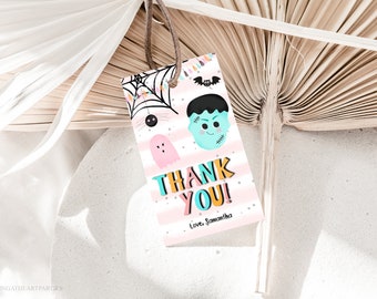 Pastel Halloween Party Gift Tag Template, Editable Girl's Halloween Birthday Party Thank You Tags, Printable Pink Halloween Favor Tags, PH01