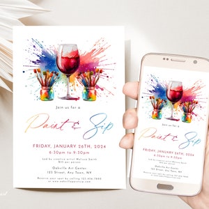 Convite para festa de pintura e bebida, festa de vinho e tinta, convite para festa de pintura para adultos, convite com texto para festa de pintura, pôster de folheto de pintura e bebida