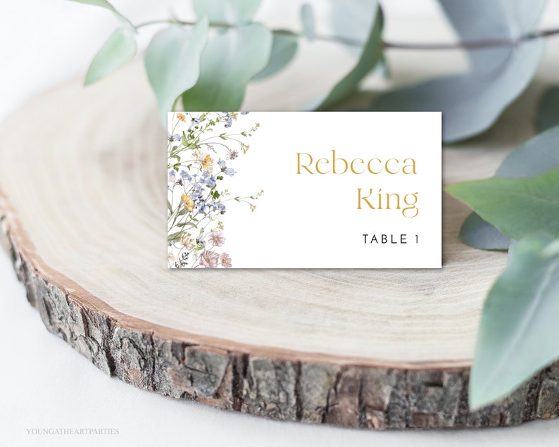 Editable Botanical Place Card, Boho Wildflower Wedding Place Card Template, Garden Meadow Florals Name Card, Printable Instant Download, WMF image 1