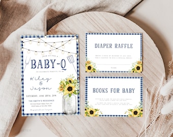 Navy Blue Baby-Q Shower Invitation Set, Editable BBQ Baby Shower Bundle, Couples Baby Boy Shower Invite, Baby Q Backyard Baby Shower