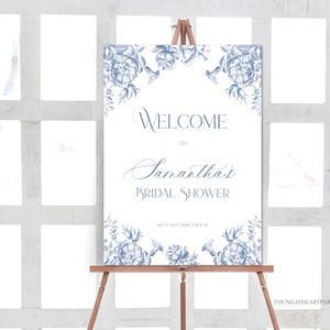 Plantilla de signo de bienvenida de despedida de soltera de Toile azul, signo de ducha de novia de botánicos azules vintage, cartel de bienvenida barroco azul francés editable, BBT