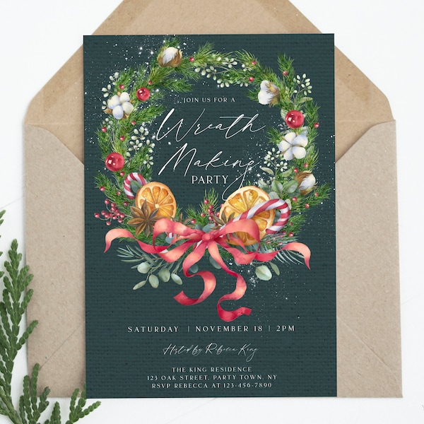 Editable Christmas Wreath Making Party Invitation, Holiday Wreath Making Invite Template, Wreath Makers Get Together, Instant Download