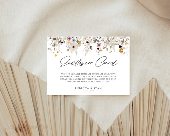 Wildflower Enclosure Card Template, Boho Wildflower Invitation Insert, Floral Baby Shower Insert, Editable Printable Enclosure, 3.5x5, DFWF Il_570xn