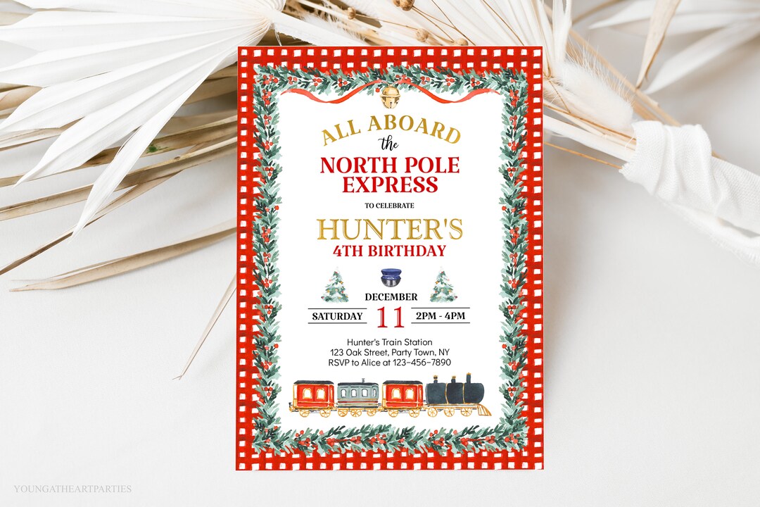 North Pole Express Birthday Invitation, Believe, Winter Christmas Train ...