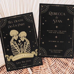 Bearbeitbare Liebhaber Tarot-Karte Save The Date, 'Till Death Do Us Part Save The Date Vorlage, Skelett-Liebhaber-Hochzeitsankündigung, Schwarz Gold