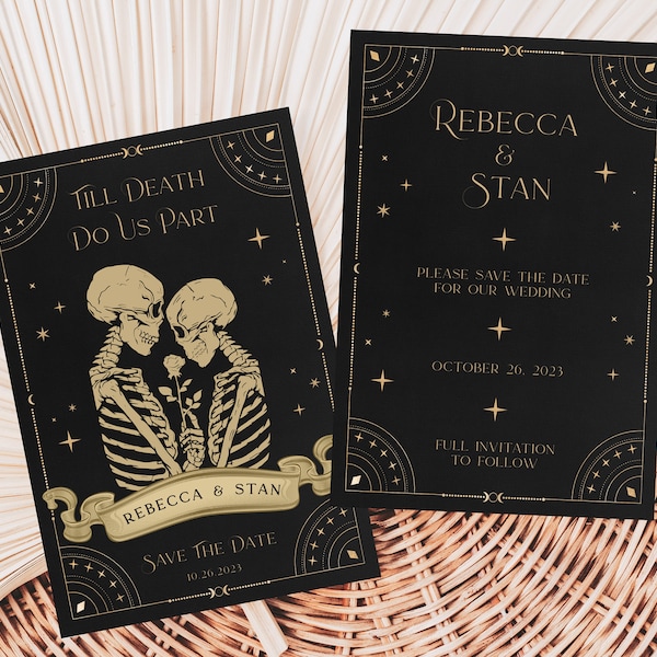 Bewerkbare Lovers Tarot Card Save The Date, 'Till Death Do Us Part Save The Date Template, Skeleton Lovers Huwelijksaankondiging, Zwart Goud