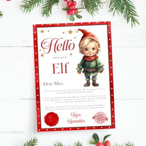 Carta de chegada do elfo do menino loiro editável de olhos azuis, carta de Olá do seu elfo, carta do elfo de Natal para crianças, carta de boas-vindas do elfo do Pólo Norte
