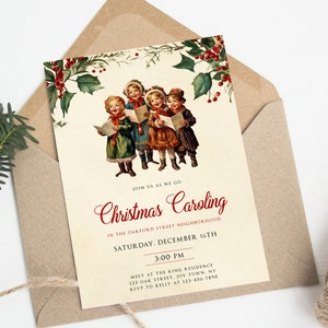 Faire-part chants de Noël victoriens, modèle d'invitation chants de Noël de quartier, Invitation fête chants de Noël vintage imprimable