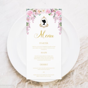 Modèle de menu français victorien, menu modifiable pour shower de mariage de l'époque Régence, shower de mariage fleurs roses violettes, carte de menu modifiable pour TOUT ÉVÉNEMENT