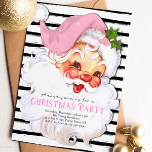 Pink Christmas Invitation, Christmas Party Invitation Template, Holiday Party Invite, Santa Party Invite, Editable Template, Corjl