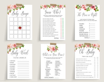 Strawberry Baby Shower Games Template, Strawberry Baby Shower Games Bundle, Pink Berry Florals, Customize Baby Shower Games, Corjl