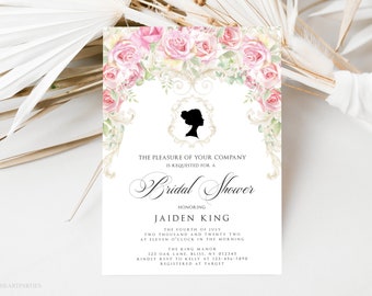 Victorian Romantic Pink Roses Bridal Shower Invite, Editable Baroque Bridal Shower Invitation Template, Vintage French Bridal Shower Invite