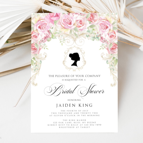 Victorian Romantic Pink Roses Bridal Shower Invite, Editable Baroque Bridal Shower Invitation Template, Vintage French Bridal Shower Invite