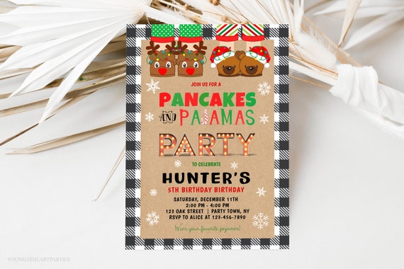 Pancakes and Pajamas Christmas Birthday Invitation, Holiday Party Invitation, Buffalo Plaid Invite, Editable Printable Christmas Invitation Il_570xn